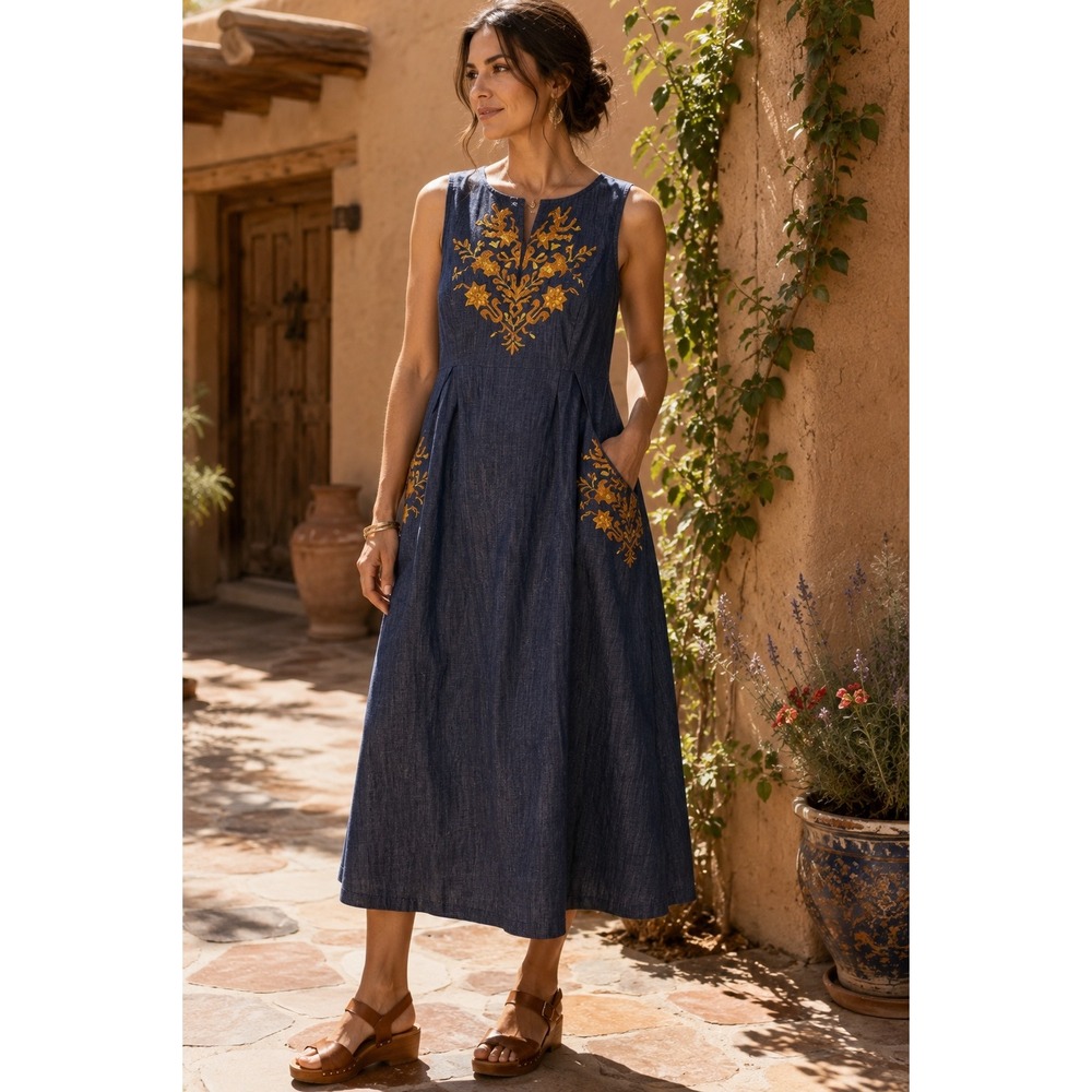 Wayward Fancies eShakti Embroidered Chambray Cotton Midi Dress‎ Blue M 8